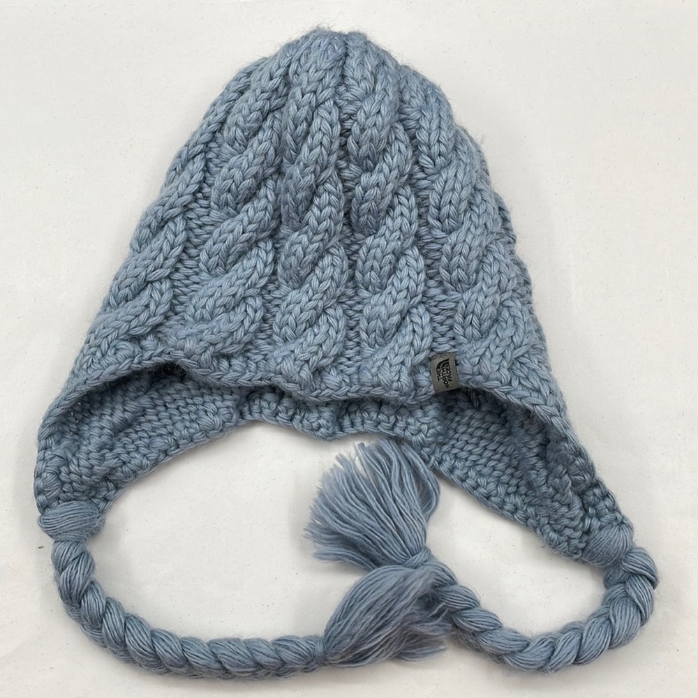 The North Face One Size Aqua Blue Wool Alpaca Cable Knit Earflap Beanie Hat.
